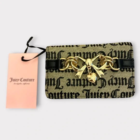 Juicy Couture Black and Olive Logo Card Holder with Gold Bow & Heart Charm - Picture 1 of 3